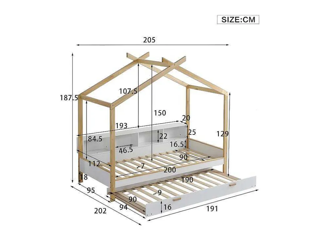 Cabinebed 90X200Cm Met Uitschuifbaar Onderschuifbed 90X190Cm - 4 Planken Op Bed - Structuur Massief Grenen - Wit-ModernLuxe Outlet