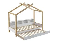 Cabinebed 90X200Cm Met Uitschuifbaar Onderschuifbed 90X190Cm - 4 Planken Op Bed - Structuur Massief Grenen - Wit-ModernLuxe Outlet