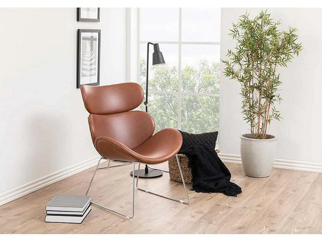 Cazy Fauteuil Kunstleer Vintage Cognac Bruin - Chromen Onderstel.-Vente-unique Online