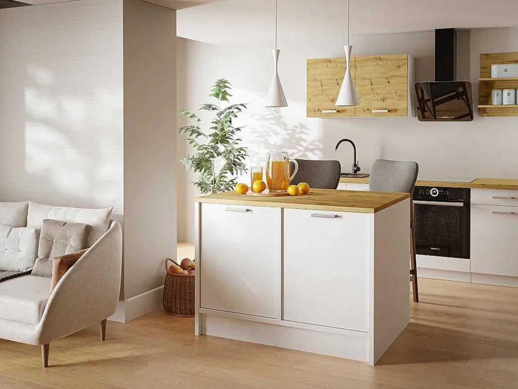 Centraal Keukeneiland Met 2 Deurtjes - Wit En Naturel - Mechila-Vente-unique Hot