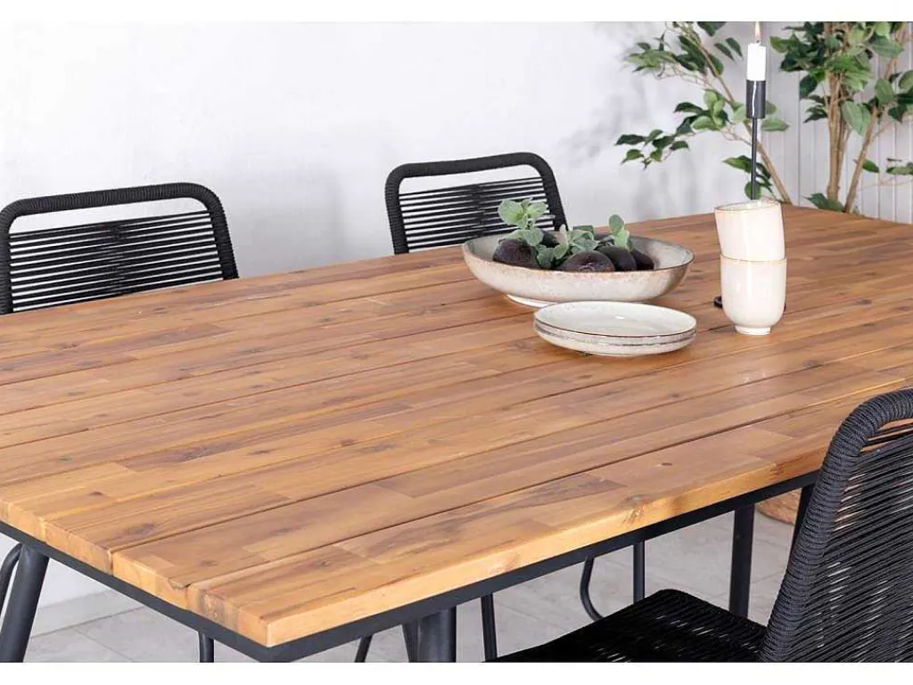 Chan Tuinmeubelset Tafel 100X200Cm En 4 Stoel Stapel Lindos Zwart, Naturel.-Vente-unique New