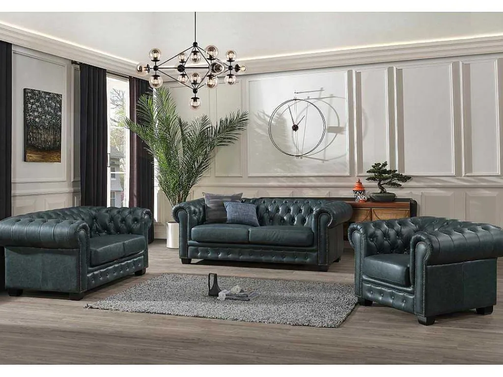 Chesterfield Zitbank 3 + 2 + 1 Plaatsen Brenton 100% Buffelleer - Spaans Groen-LINEA SOFA Clearance