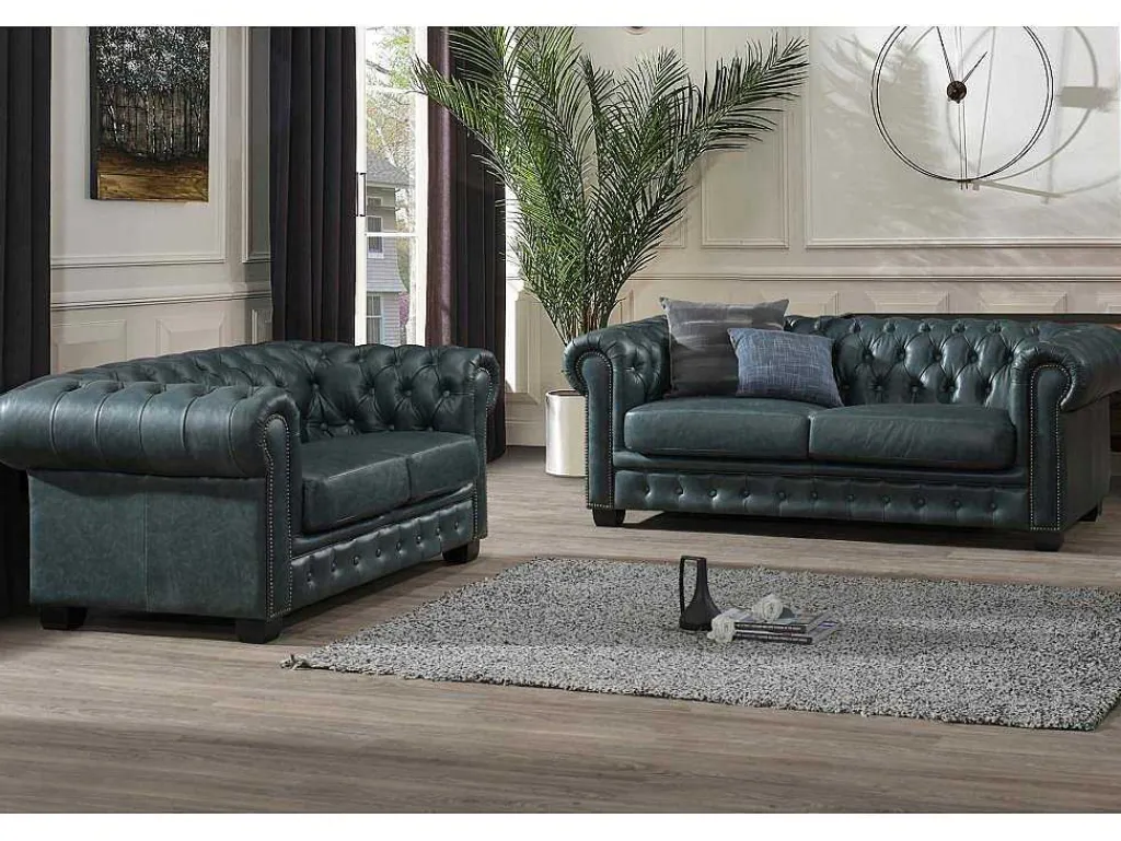 Chesterfield Zitbank 3 + 2 Plaatsen Brenton 100% Buffelleer - Spaans Groen-LINEA SOFA Clearance
