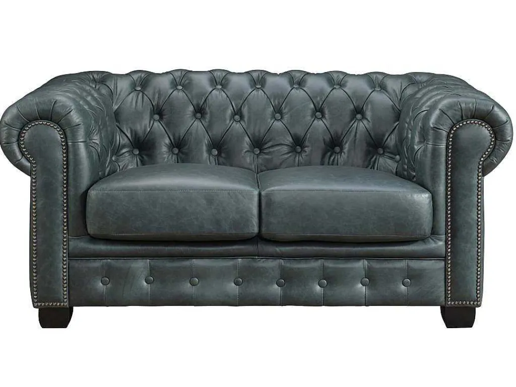Chesterfield Zitbank 3 + 2 Plaatsen Brenton 100% Buffelleer - Spaans Groen-LINEA SOFA Clearance