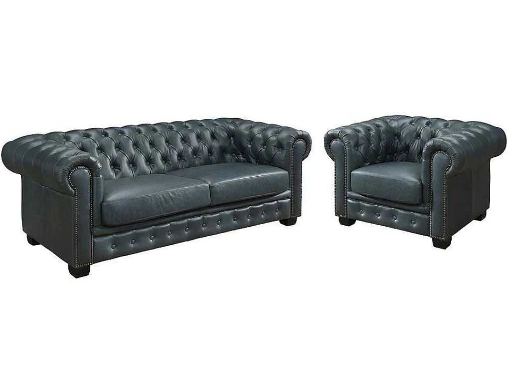 Chesterfield Zitbank 3 + 1 Plaatsen Brenton 100% Buffelleer - Spaans Groen-LINEA SOFA Outlet