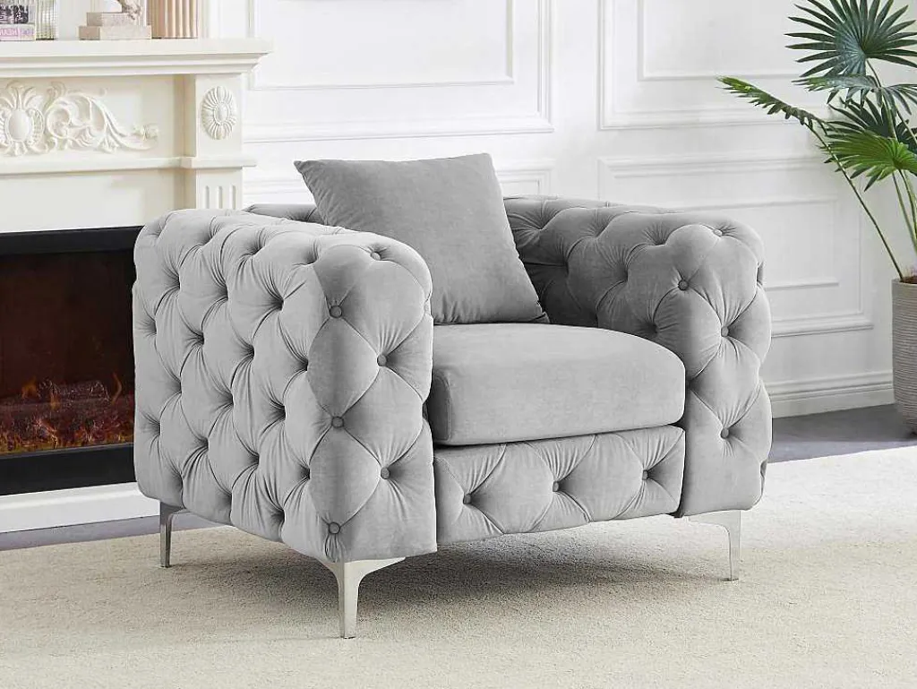 Chesterfield-Fauteuil Van Lichtgrijs Velours Edwina-Vente-unique New