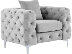 Chesterfield-Fauteuil Van Lichtgrijs Velours Edwina-Vente-unique New