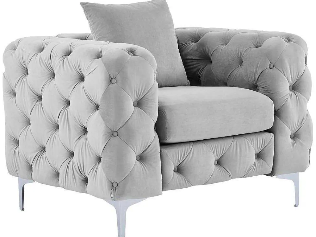 Chesterfield-Fauteuil Van Lichtgrijs Velours Edwina-Vente-unique New