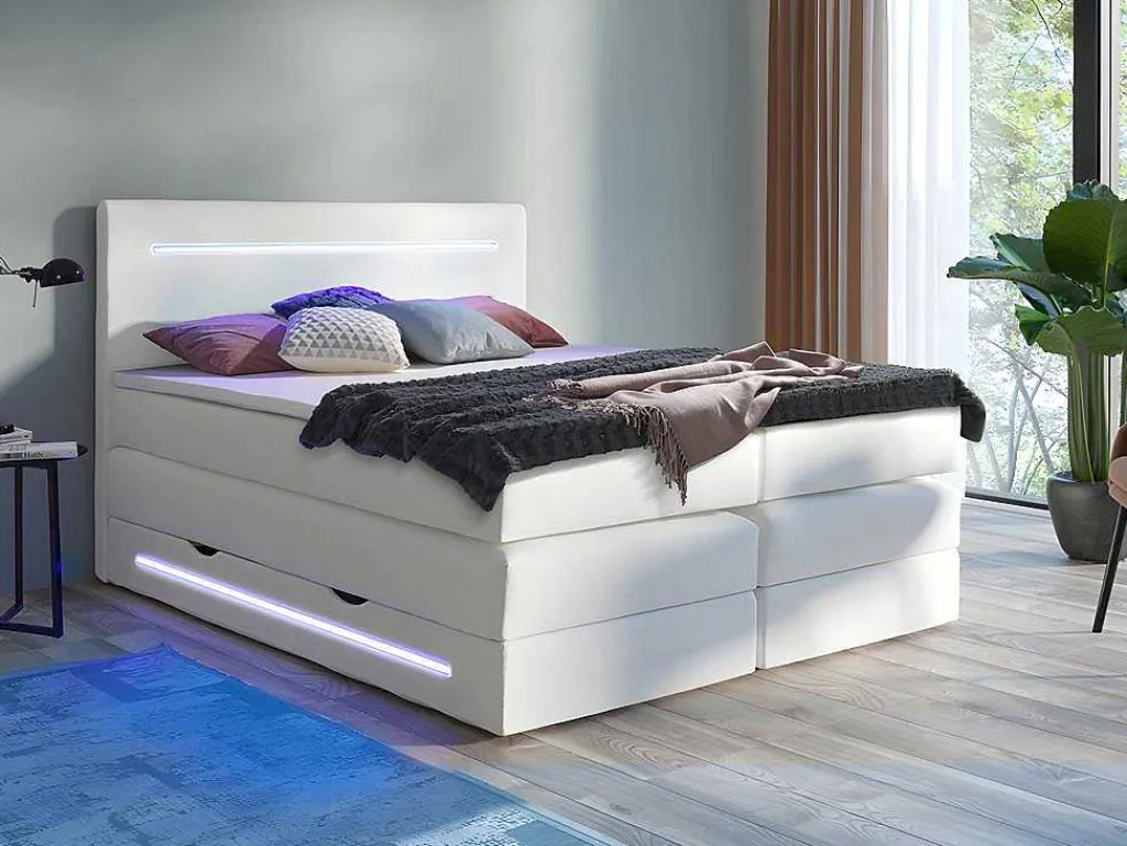 Complete Boxspring Met Hoofdeinde Met Leds, Bedbodem Met Opbergruimte, Matras En Dekmatras - Wit - Kunstleer - 160 X 200 Cm - Keros Van-DREAMEA Online
