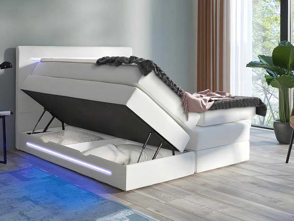 Complete Boxspring Met Hoofdeinde Met Leds, Bedbodem Met Opbergruimte, Matras En Dekmatras - Wit - Kunstleer - 160 X 200 Cm - Keros Van-DREAMEA Online