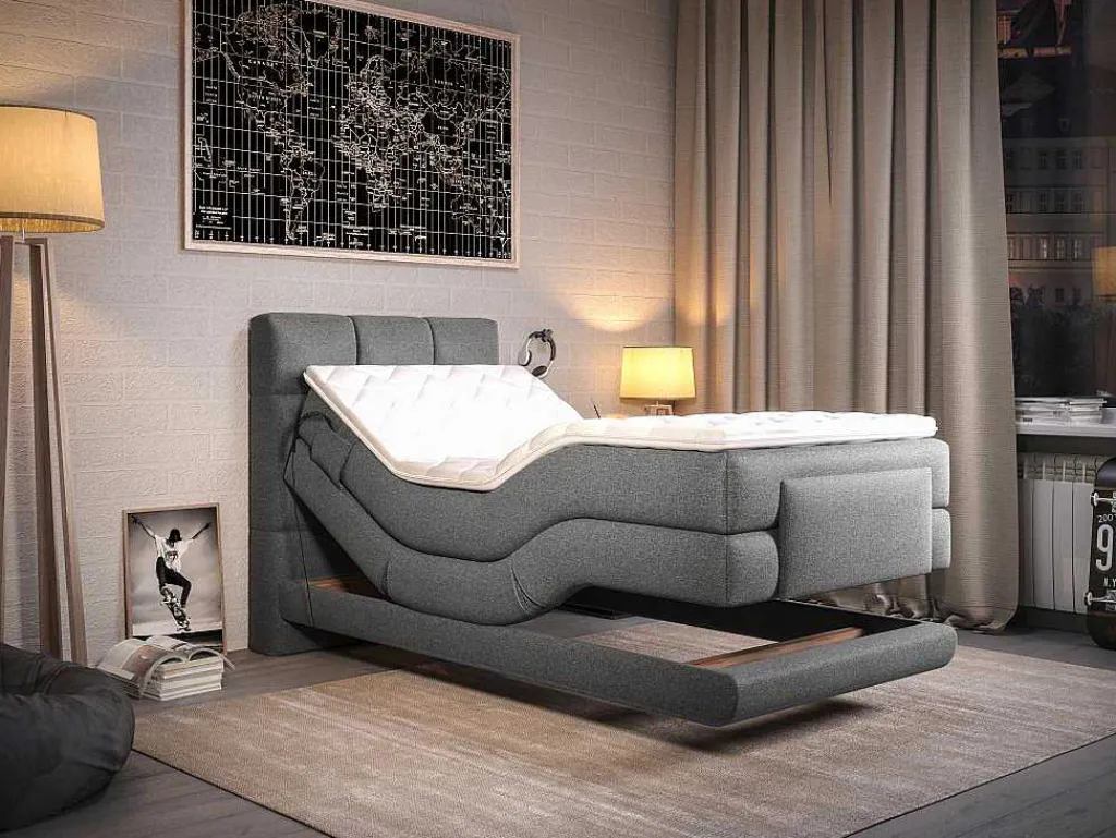 Complete Boxspringset Met Gestoffeerd Hoofdbord Met Elektrische Relaxbedbodems Met Matras Met Topmatras 100 X 200 Cm Stoffen Bekleding Lichtgrijs Lodi Van-Palacio Best