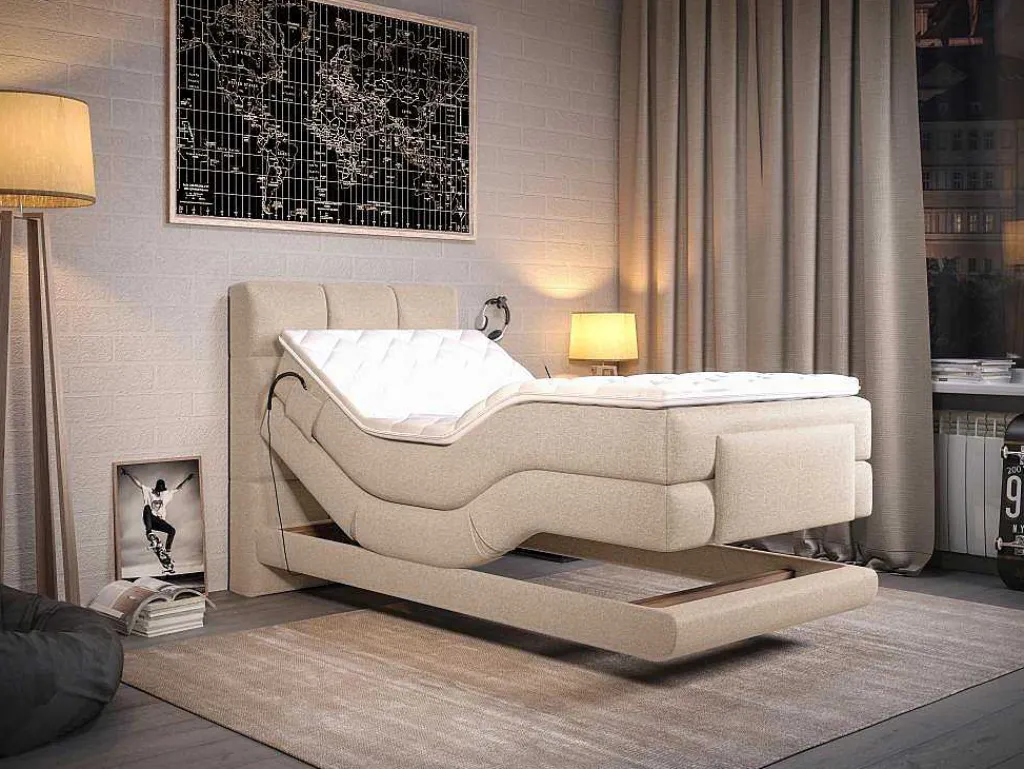 Complete Boxspringset Met Gestoffeerd Hoofdbord Elektrisch Verstelbare Relaxbedbodems Met Matras Met Topmatras 100 X 200 Cm Stoffen Bekleding Beige Lodi Van-Palacio Sale