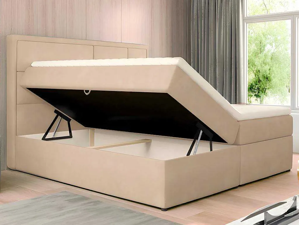 Complete Decoratieve Beddenset Met Hoofdbord + Opbergruimte + Matras + Dekmatras - 160 X 200 Cm - Beige - Loumia Van-DREAMEA New