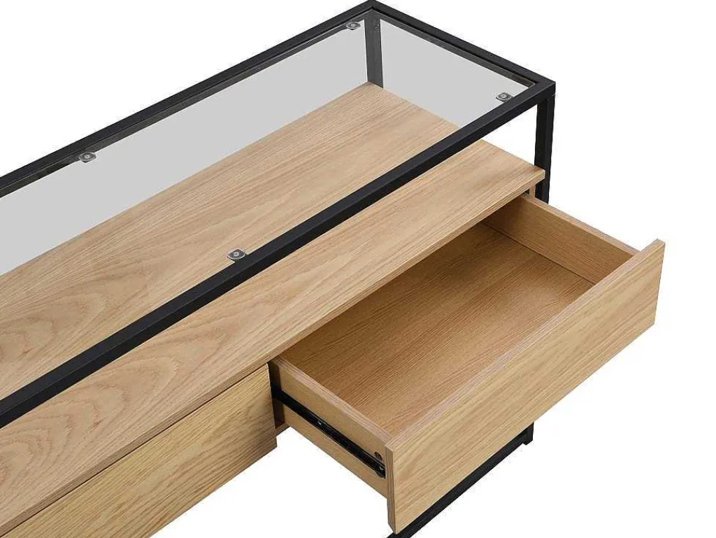 Consoletafel Met 2 Lades Van Mdf, Gehard Glas En Metaal - Licht Naturel - Camata-Vente-unique Sale