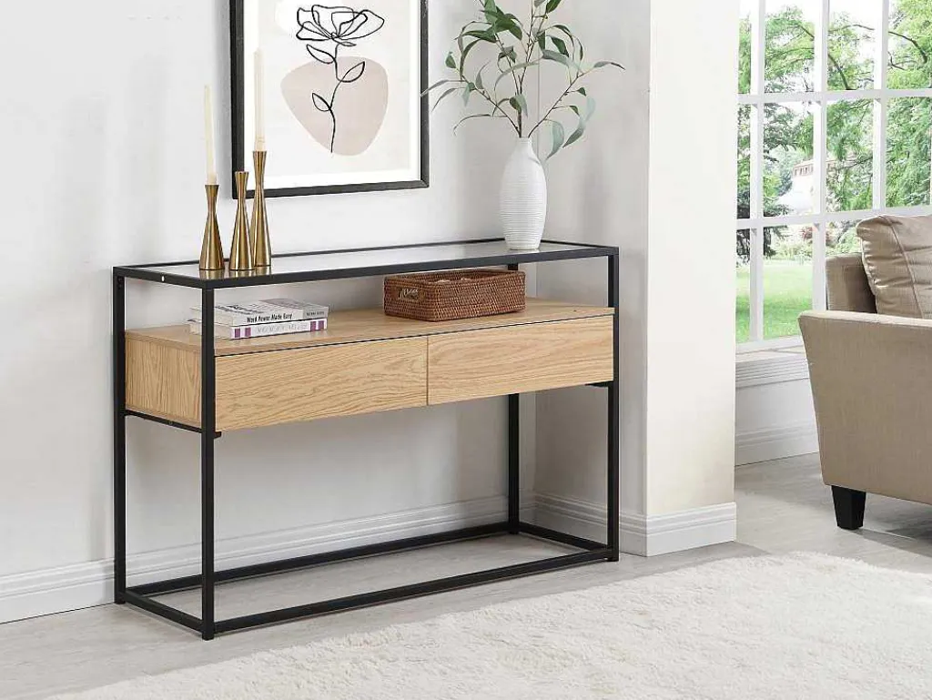 Consoletafel Met 2 Lades Van Mdf, Gehard Glas En Metaal - Licht Naturel - Camata-Vente-unique Sale