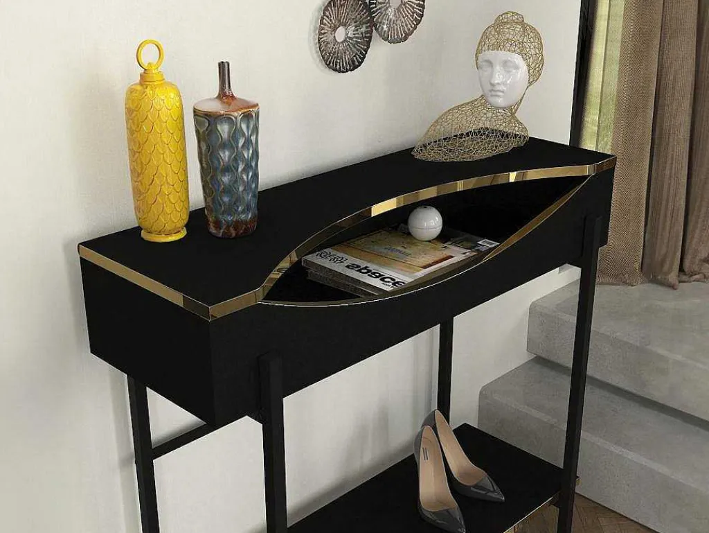 Consoletafel Met 1 Plank En 1 Nis - Zwart En Goudkleurig - Meriova-Vente-unique New