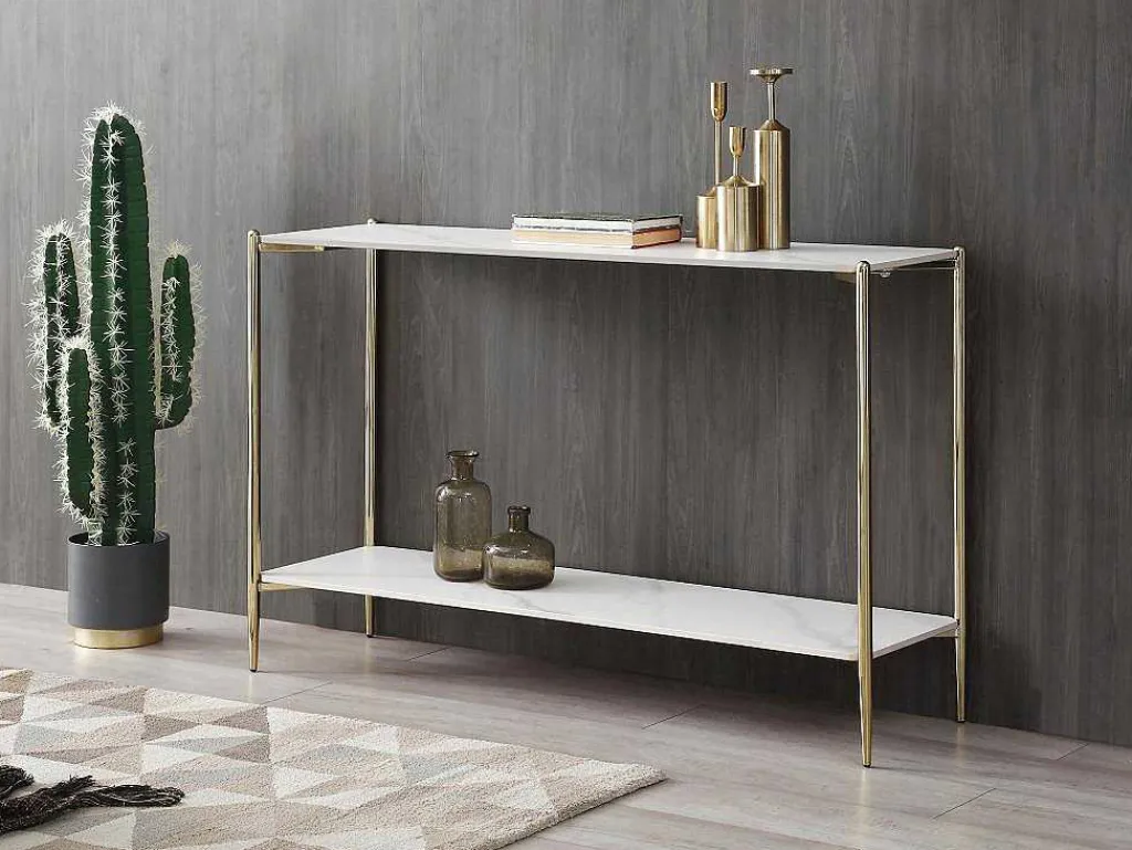 Consoletafel Met 1 Plank Van Keramiek En Metaal - Wit Marmereffect En Goud - Madola-Vente-unique
