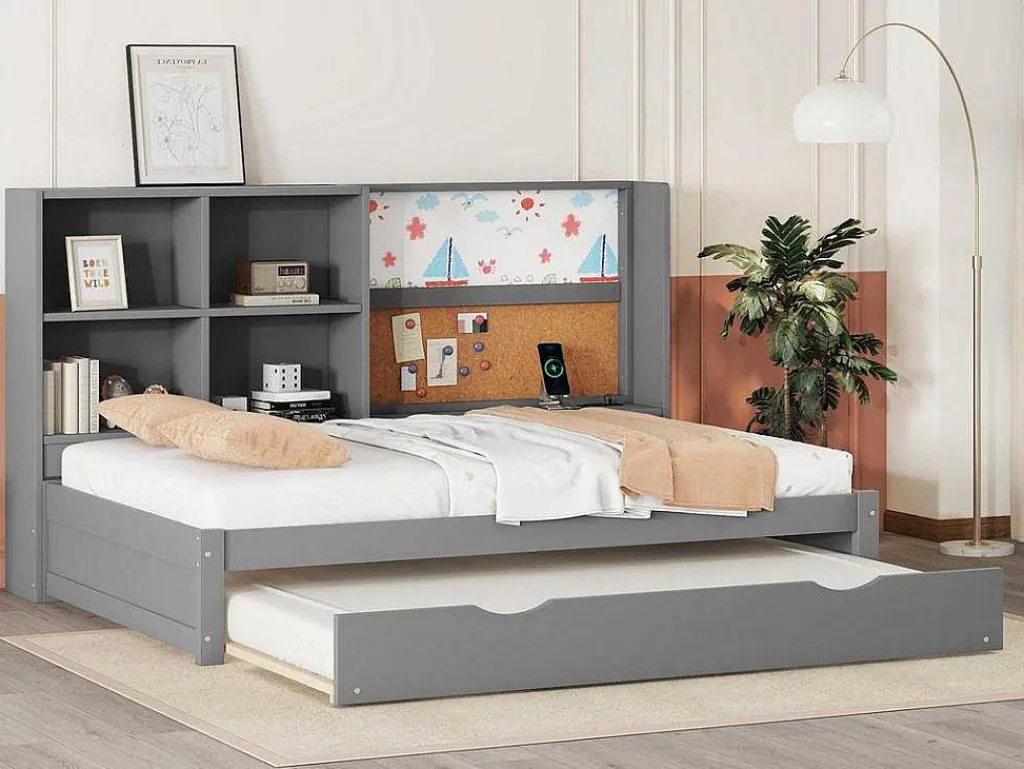 Dagbed Met Onderschuifbed - 90X200Cm - Met Tekentafel En Opbergvakken - Grijs-ModernLuxe Outlet