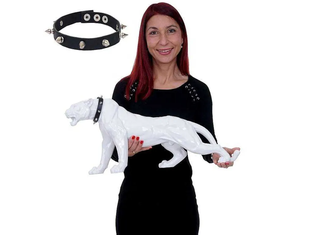 Decoratief Beeldje Panter Met Halsband, Wit Hoogglans Met Kraag-Vente-unique Sale