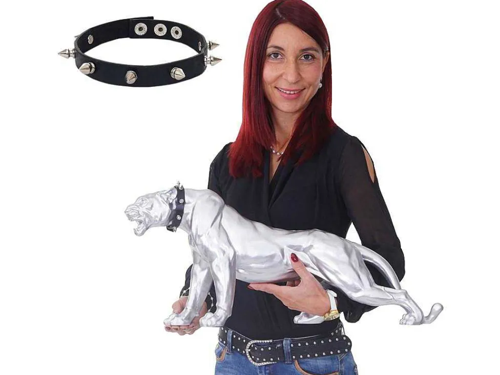 Decoratief Beeldje Panter Met Halsband, Zilver Mat Met Kraag-Vente-unique New
