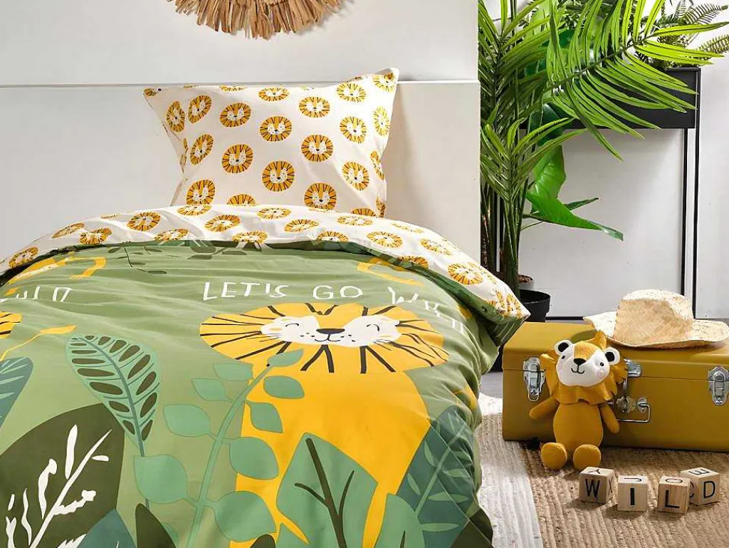 Dekbedovertrek Voor Kinderen Van Katoen 57 Draden /Cm - Dekbedhoes 140 X 200 Cm + 1 Kussensloop 63 X 63 Cm - Junglemotief - Junglia-OZAIA Sale
