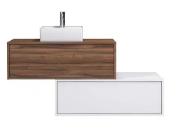 Donker Naturel En Wit Hangend Badkamermeubel Met Enkele Wastafel En Twee Lades - 94 Cm - Teana Ii-Vente-unique Outlet