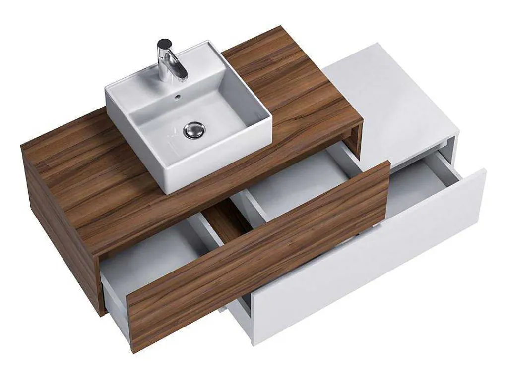 Donker Naturel En Wit Hangend Badkamermeubel Met Enkele Wastafel En Twee Lades - 94 Cm - Teana Ii-Vente-unique Outlet