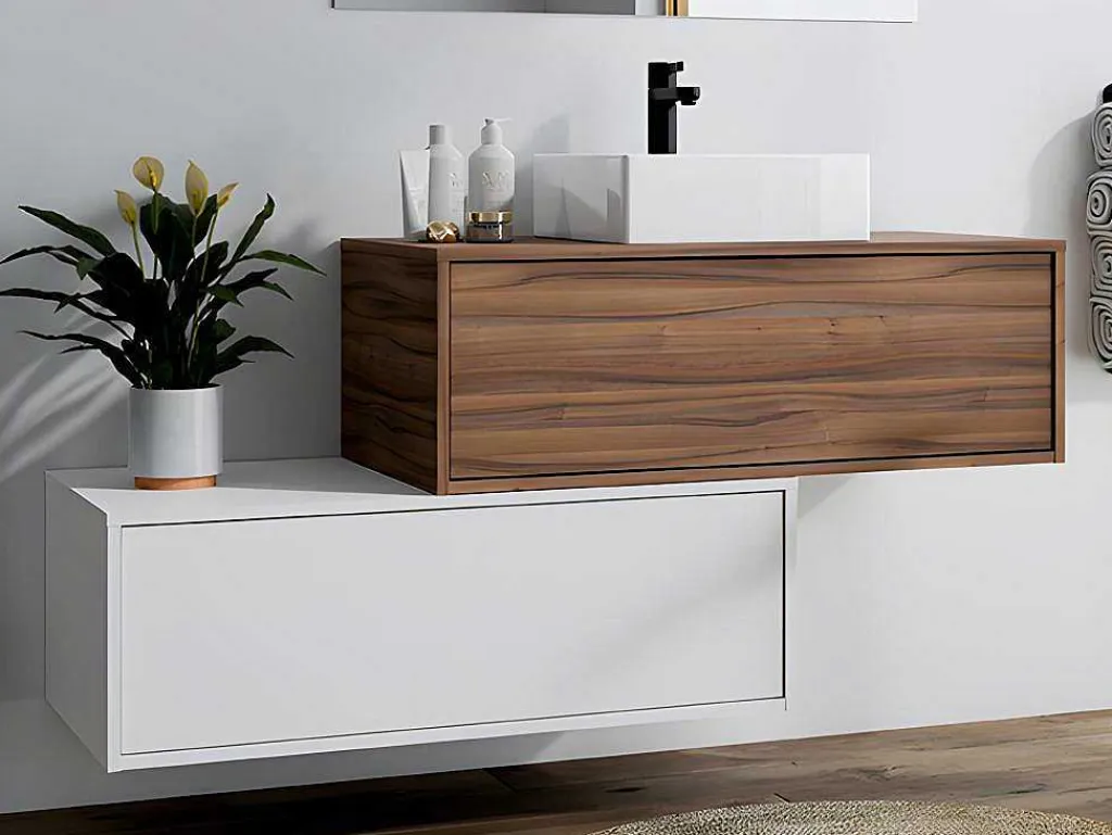 Donker Naturel En Wit Hangend Badkamermeubel Met Enkele Wastafel En Twee Lades - 94 Cm - Teana Ii-Vente-unique Outlet