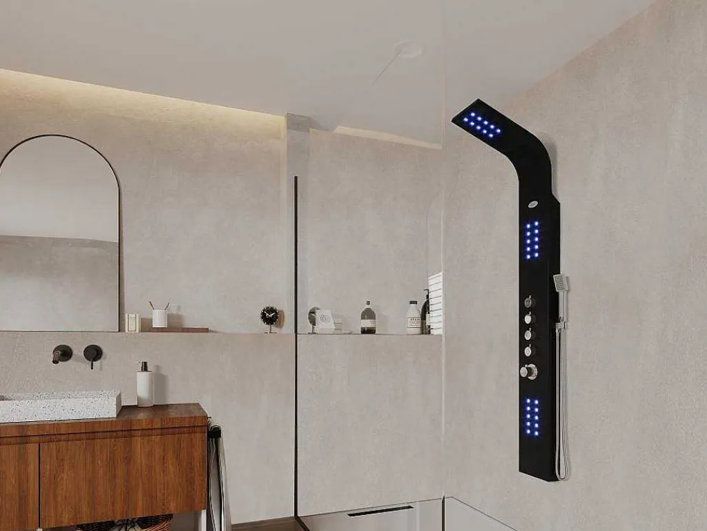 Douchekolom Felicita Met Thermostaatkraan, Balneotherapie En Led-Verlichting - 20*165Cm - Zwart-Shower & Design Discount