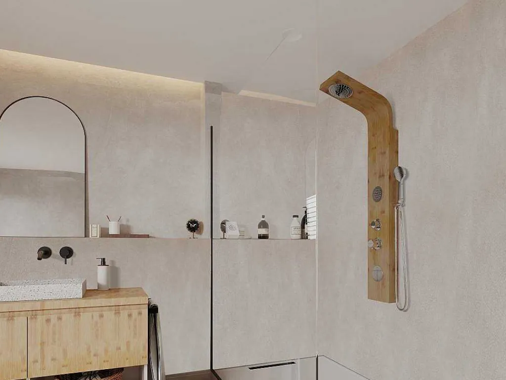 Douchekolom Met Massagestralen Tissia, Tropische Regen En Paneel Van Bamboe - 20 X 140 Cm-Shower & Design Outlet