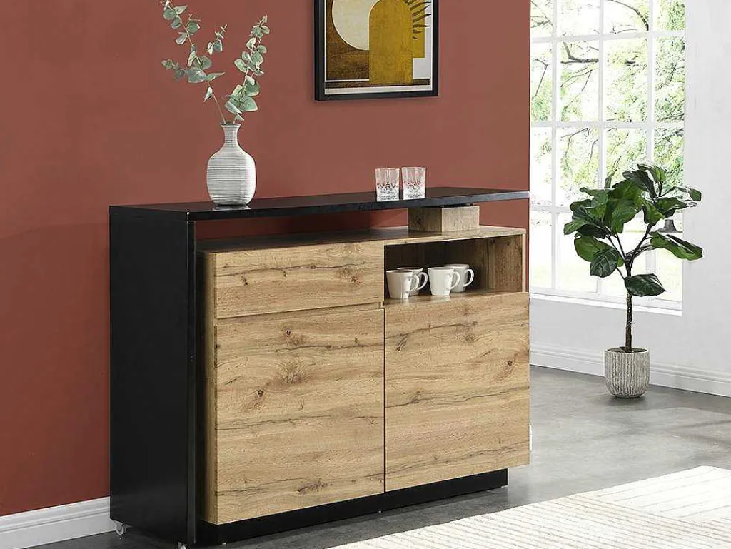 Draaibaar Barmeubel Eldir - 2 Deuren, 1 Lade En 1 Nis - Mdf - Eiken & Zwart-Vente-unique Best