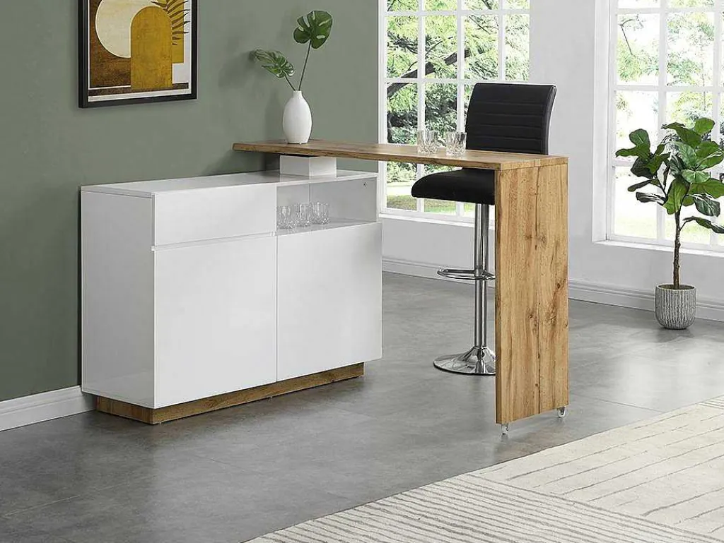 Draaibaar Barmeubel Eldir- 2 Deuren, 1 Lade En 1 Nis - Mdf - Witgelakt & Eiken-Vente-unique Outlet
