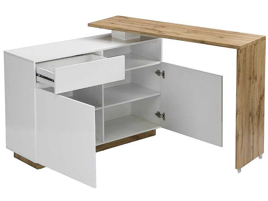 Draaibaar Barmeubel Eldir- 2 Deuren, 1 Lade En 1 Nis - Mdf - Witgelakt & Eiken-Vente-unique Outlet