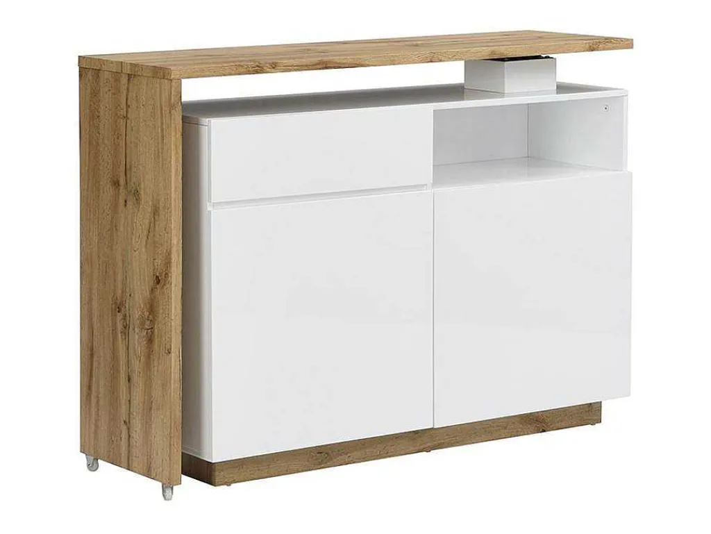 Draaibaar Barmeubel Eldir- 2 Deuren, 1 Lade En 1 Nis - Mdf - Witgelakt & Eiken-Vente-unique Outlet