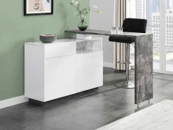 Draaibaar Barmeubel Eldir - 2 Deuren, 1 Lade En 1 Nis - Mdf - Witgelakt & Betonkleur-Vente-unique