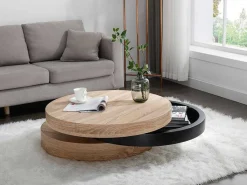 Draaibare Ronde Salontafel Met 1 Nis Van Mdf - Zwart En Licht Naturel - Janita-Vente-unique Online