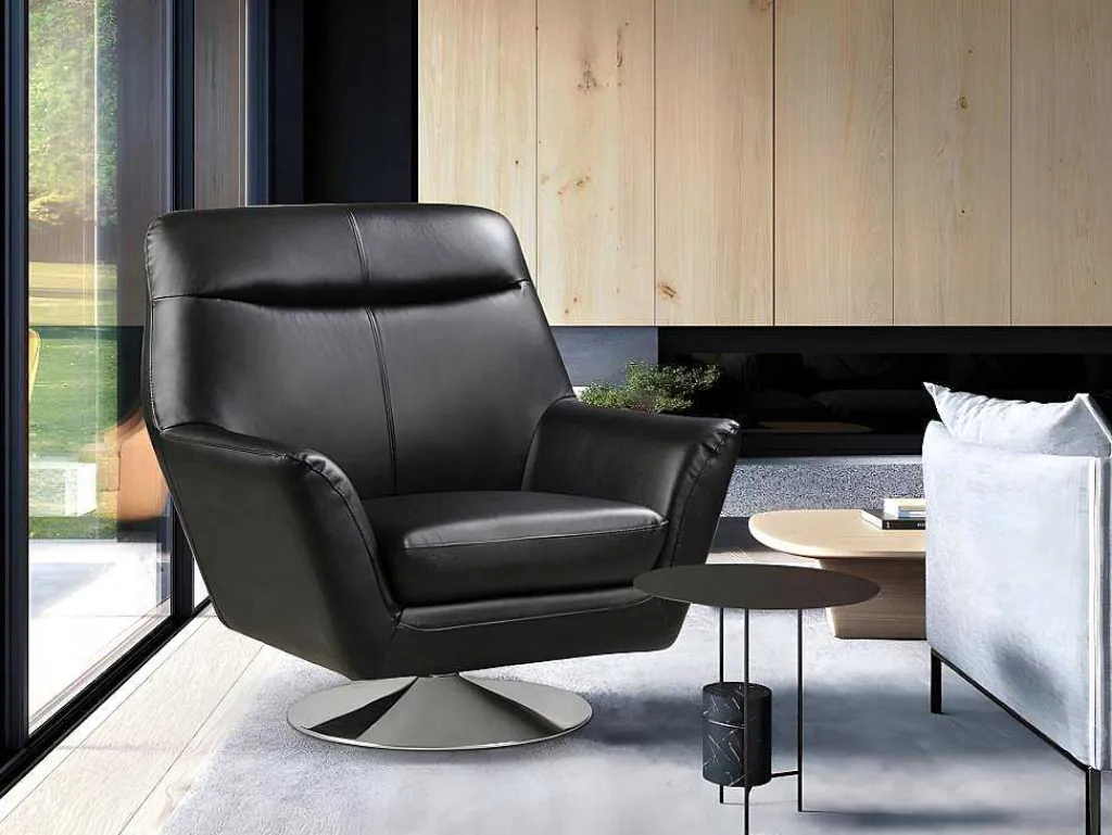 Draaifauteuil Ithaque In Buffelleer - Zwart-Vente-unique Clearance