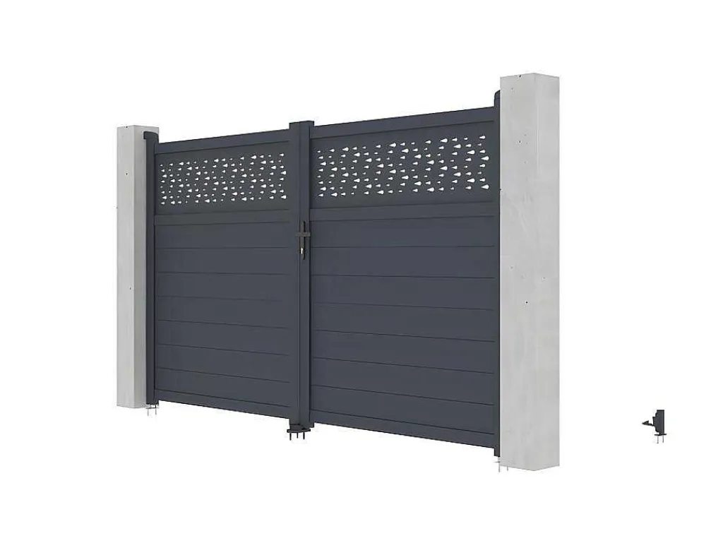 Draaipoort Van Aluminium Met Motieven - Halfopengewerkt - L. 305 X H. 182 Cm - Antraciet - Bazio-EXPERTLAND New