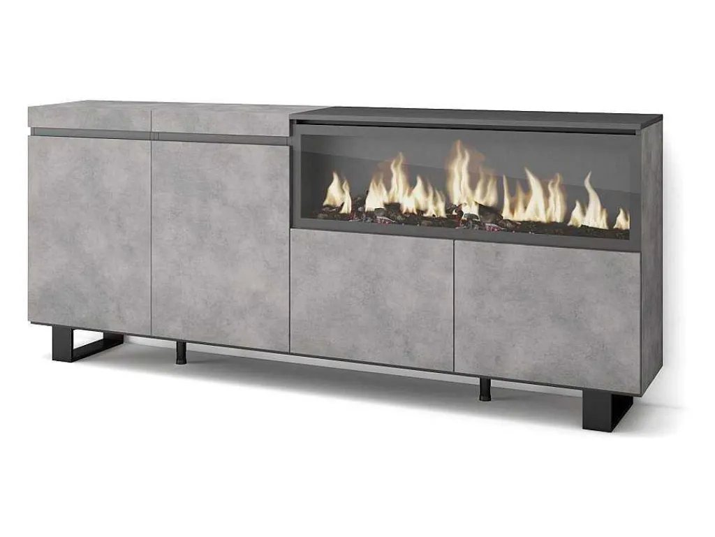 Dressoir, Opbergkast, 210, 4 Deuren, Elektrische Haard Xxl, Industrieel Design, Cement-Skraut Home New