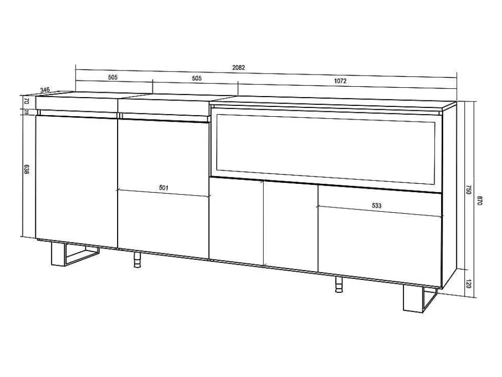 Dressoir, Opbergkast, 210, 4 Deuren, Elektrische Haard Xxl, Industrieel Design, Cement-Skraut Home New