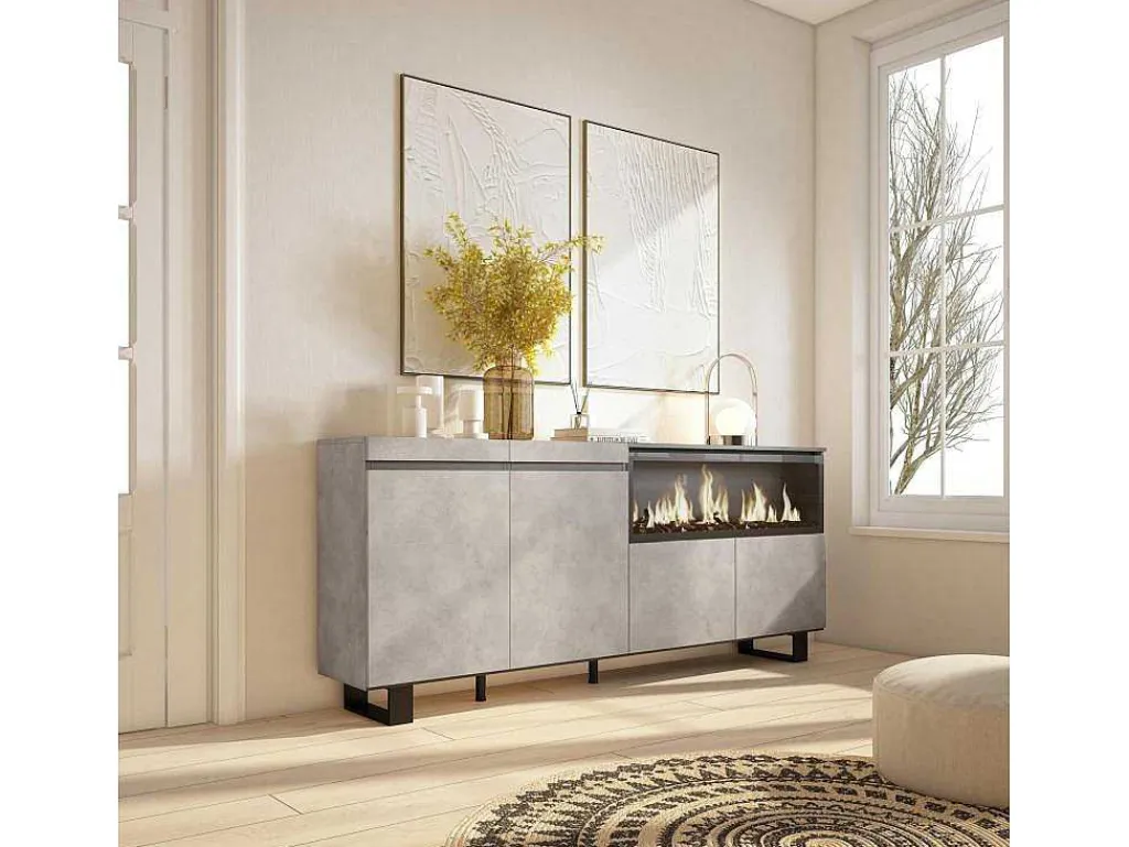Dressoir, Opbergkast, 210, 4 Deuren, Elektrische Haard Xxl, Industrieel Design, Cement-Skraut Home New
