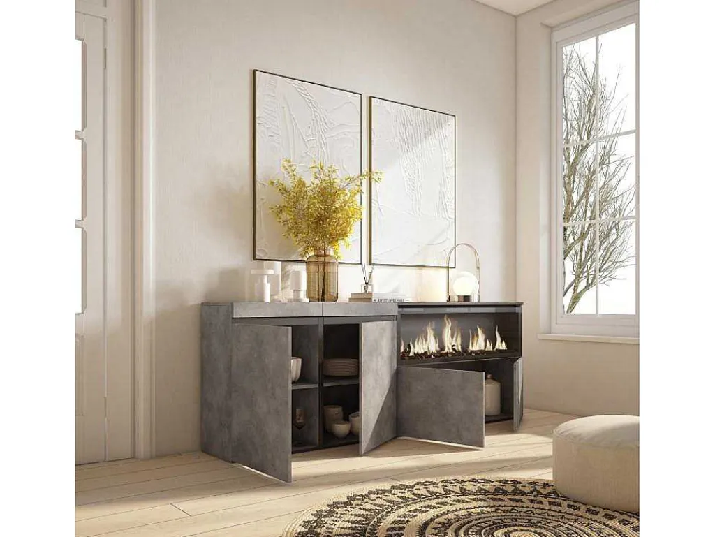 Dressoir, Opbergkast, 210, 4 Deuren, Elektrische Haard Xxl, Cement-Skraut Home Discount