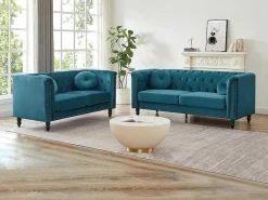 Drie- En Tweezitsbank Van Blauwgroen Velours Turner-Vente-unique Clearance