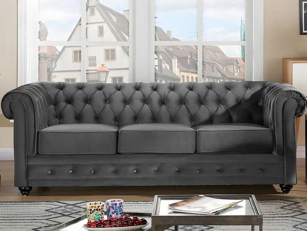 Drie- En Tweezitsbank Van Antracietkleurig Velours Chesterfield-Vente-unique Clearance