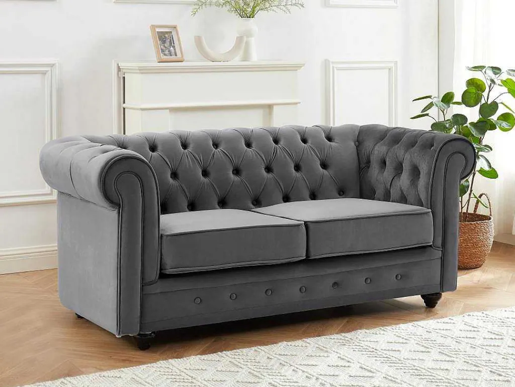 Drie- En Tweezitsbank Van Antracietkleurig Velours Chesterfield-Vente-unique Clearance