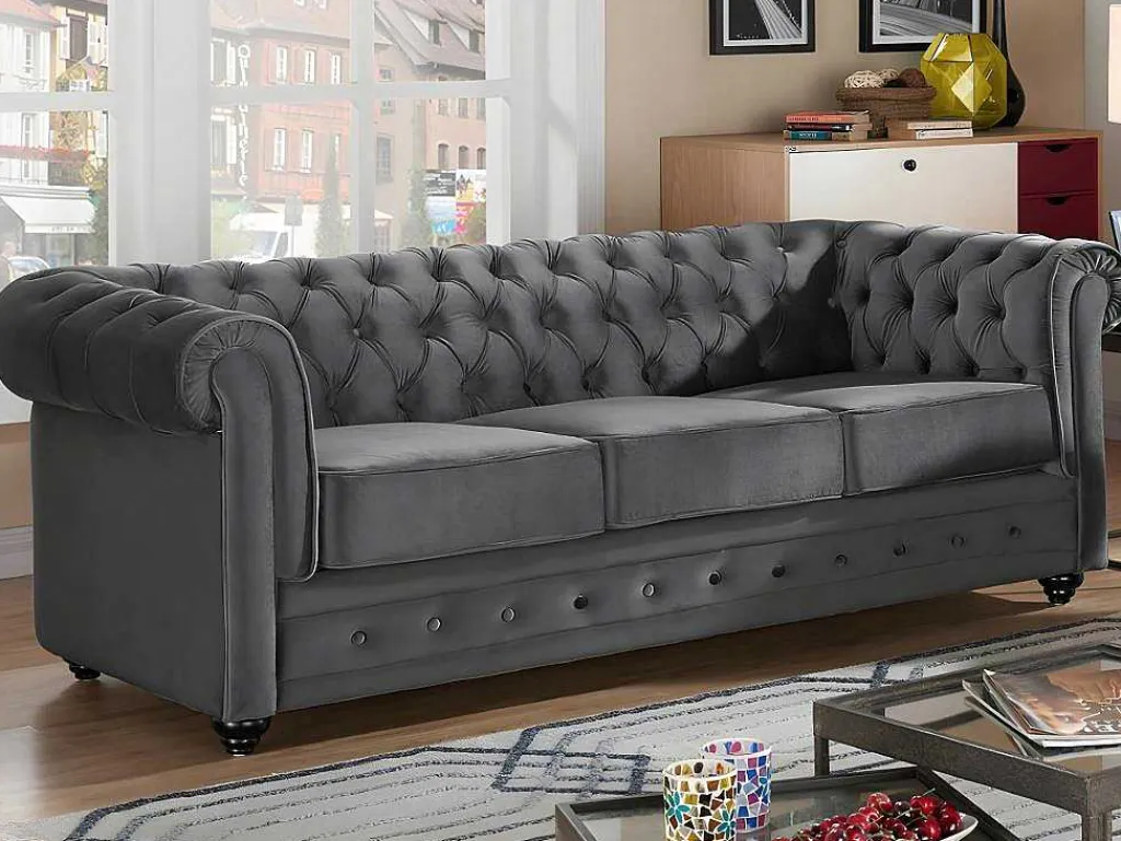 Drie- En Tweezitsbank Van Antracietkleurig Velours Chesterfield-Vente-unique Clearance