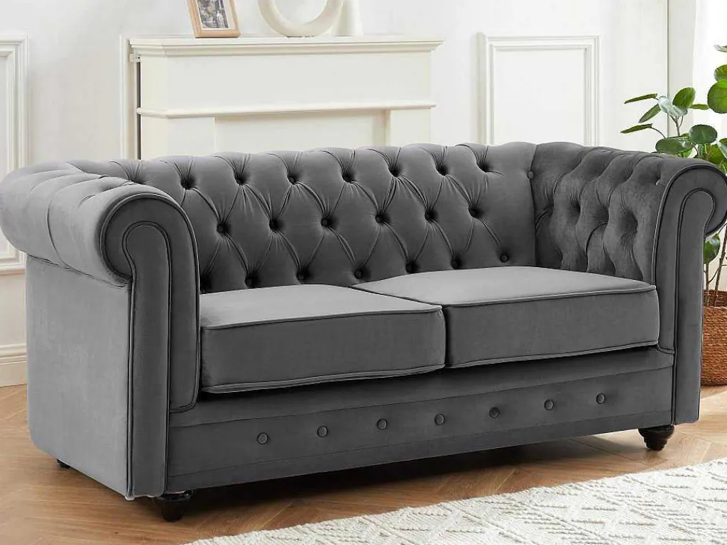 Drie- En Tweezitsbank Van Antracietkleurig Velours Chesterfield-Vente-unique Clearance