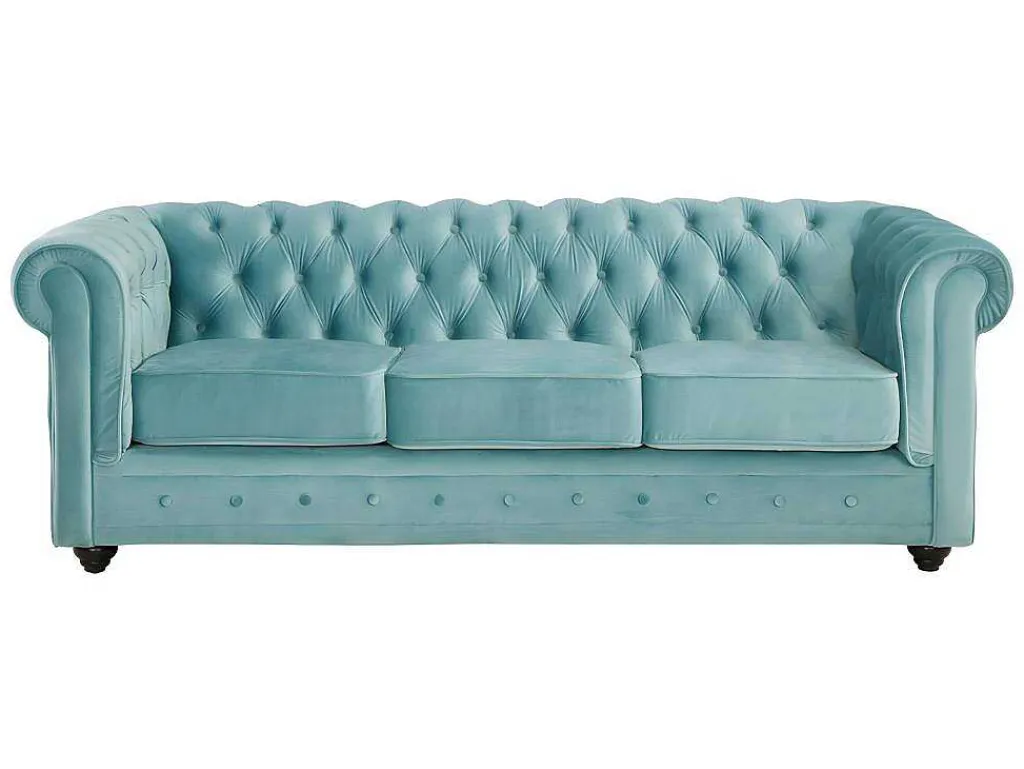 Drie- En Tweezitsbank Van Pastelblauw Velours Chesterfield-Vente-unique Best