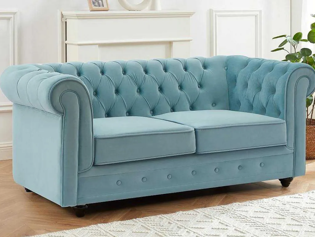 Drie- En Tweezitsbank Van Pastelblauw Velours Chesterfield-Vente-unique Best