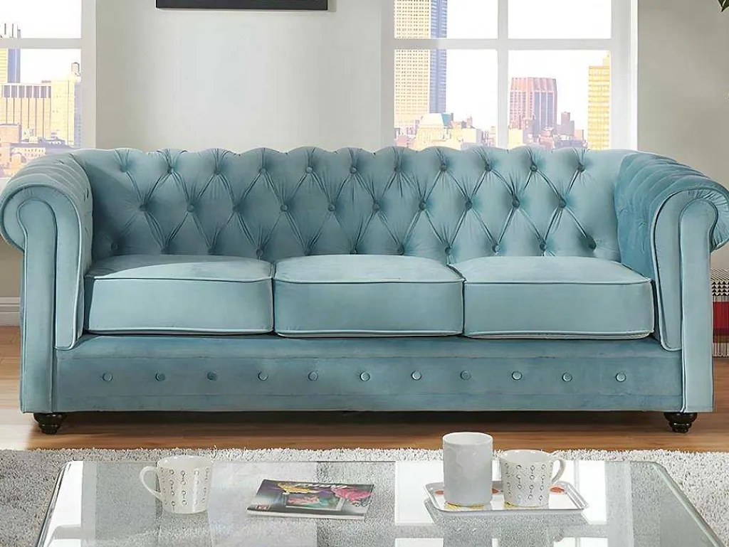 Drie- En Tweezitsbank Van Pastelblauw Velours Chesterfield-Vente-unique Best